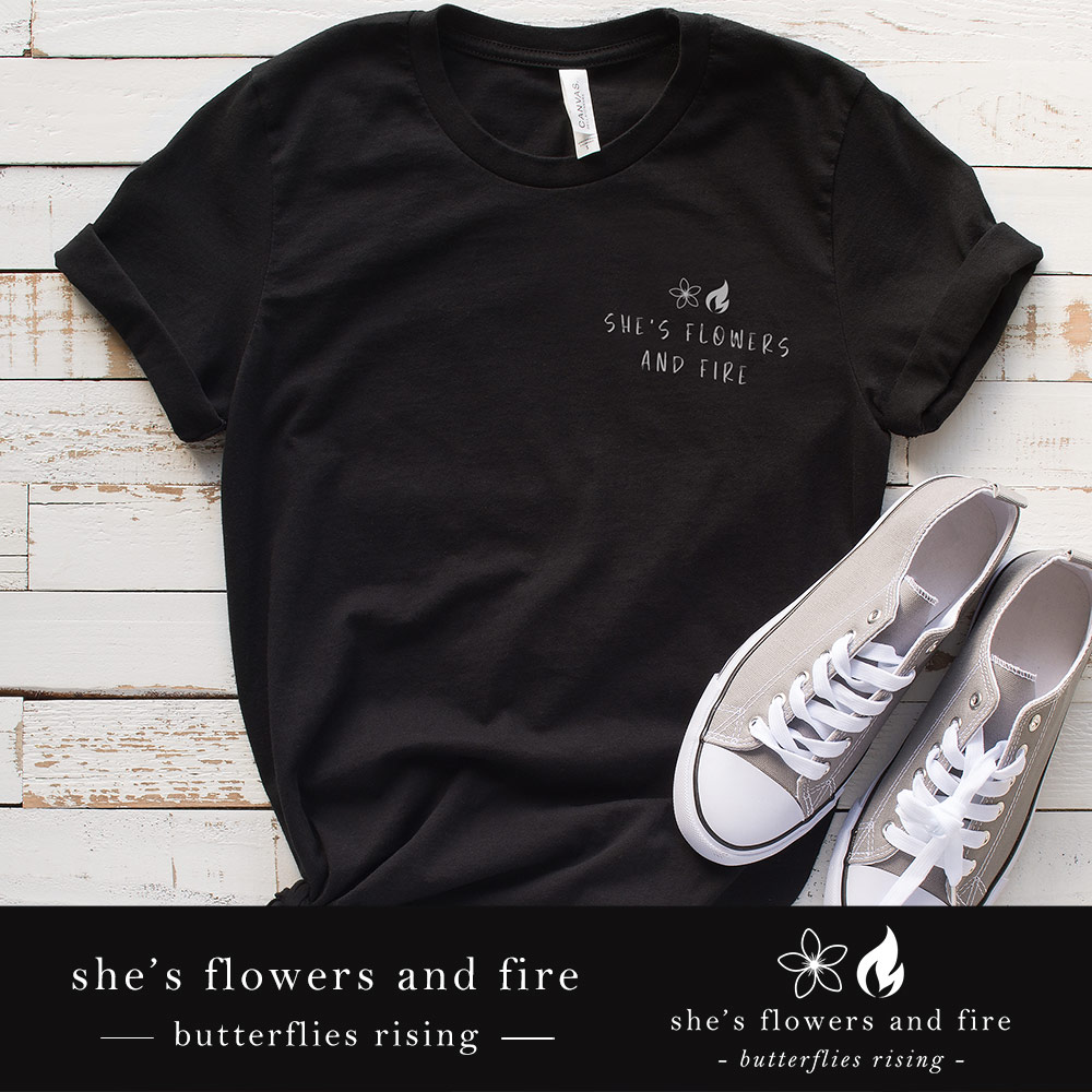 she's flowers and fire left logo tshirt