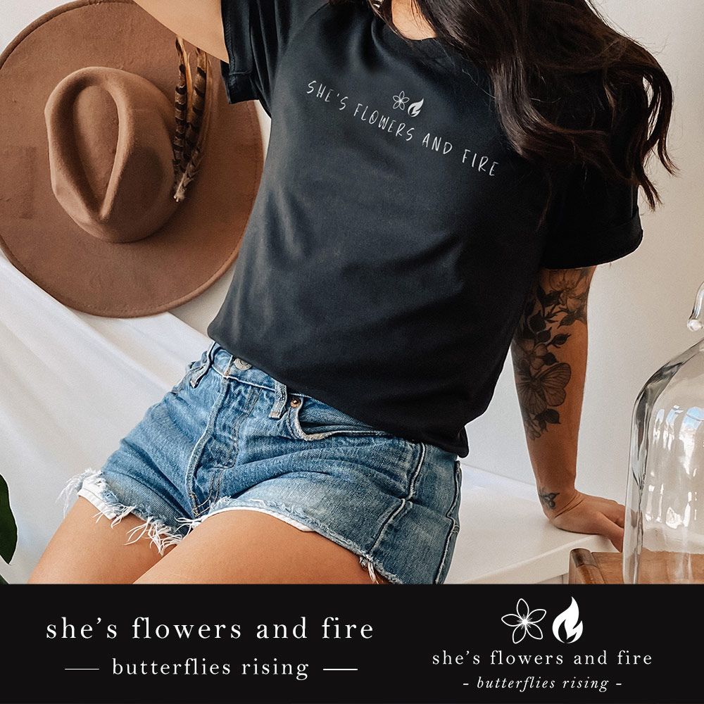 she's flowers and fire black center logo tshirt