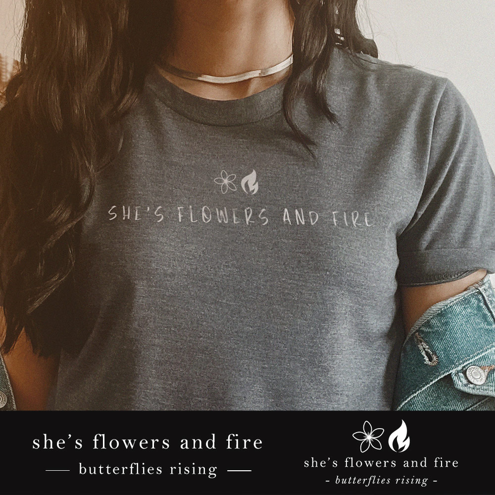 she's flowers and fire black heather tshirt